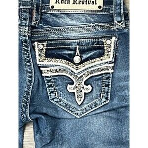 Rock Revival Jeans Low Rise Straight Y2k Flap Pockets‎ Rhinestone Sequin Fade 26